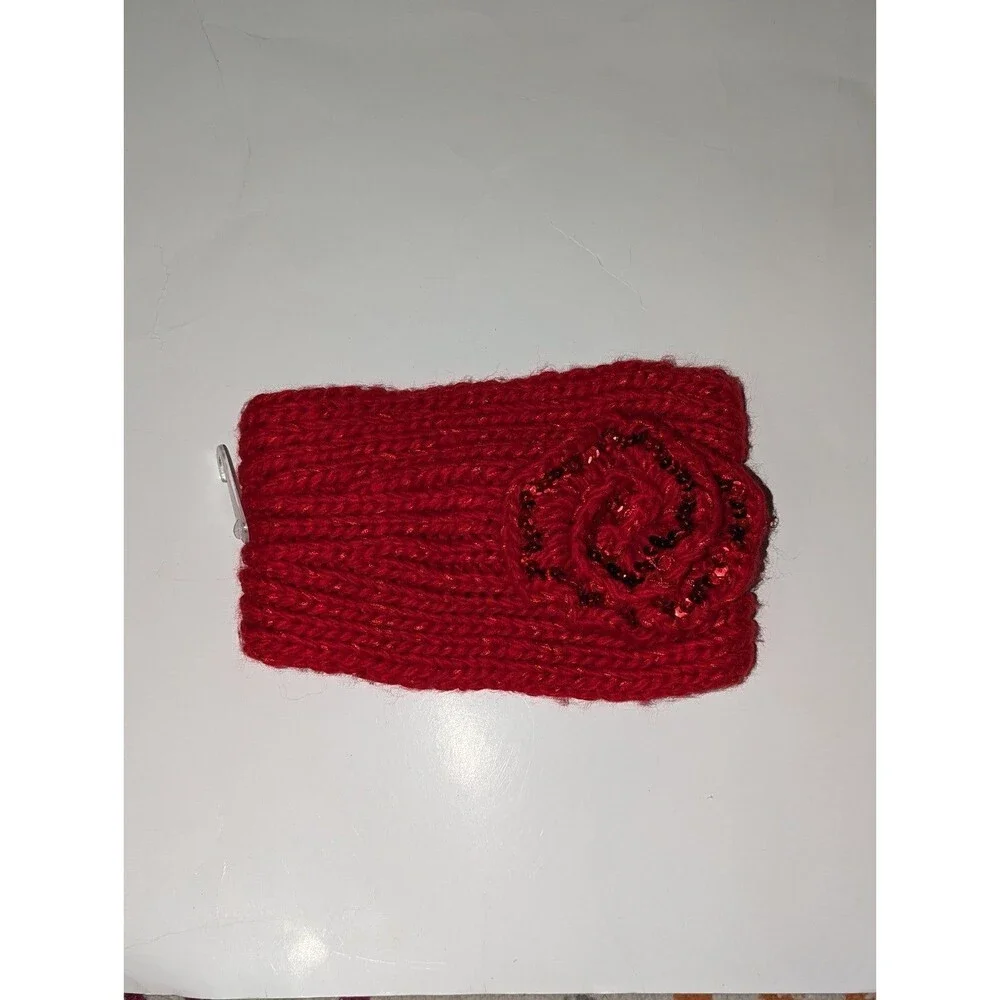 Claire's Red knit Headband ear cover with sequins and flower‎